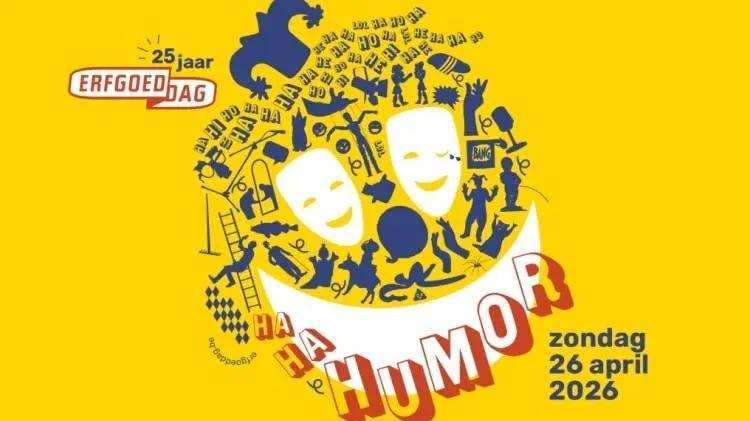 Het campagnebeeld van Erfgoeddag 2026, thema HA HA Humor toont een lachend clowngezicht, samengesteld uit vele kleine erfgoedelementen.